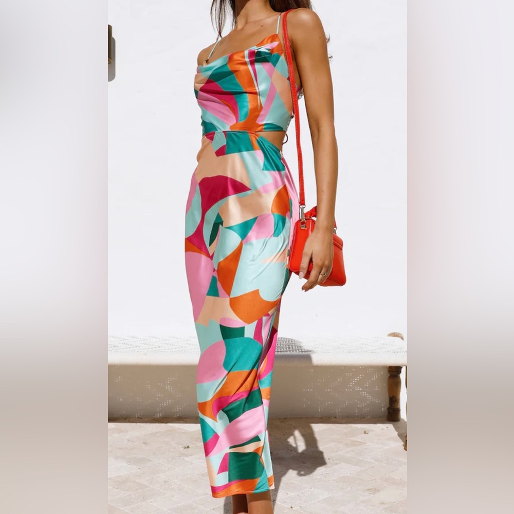 Hello Molly Multicolor Abstract Print Midi Dress in Pink, Teal & Orange